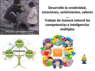 Desarrolle la creatividad,
emociones, sentimientos, valores
…
http://25.media.tumblr.com/
Trabaje de manera natural las
competencias e inteligencias
múltiples
 