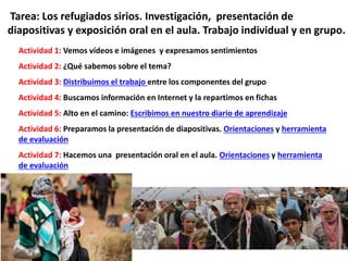 Tarea: Los refugiados sirios. Investigación, presentación de
diapositivas y exposición oral en el aula. Trabajo individual y en grupo.
Actividad 1: Vemos vídeos e imágenes y expresamos sentimientos
Actividad 2: ¿Qué sabemos sobre el tema?
Actividad 3: Distribuimos el trabajo entre los componentes del grupo
Actividad 4: Buscamos información en Internet y la repartimos en fichas
Actividad 5: Alto en el camino: Escribimos en nuestro diario de aprendizaje
Actividad 6: Preparamos la presentación de diapositivas. Orientaciones y herramienta
de evaluación
Actividad 7: Hacemos una presentación oral en el aula. Orientaciones y herramienta
de evaluación
 
