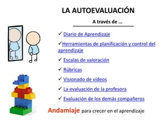 LA AUTOEVALUACIÓN
A través de …
 Diario de Aprendizaje
Herramientas de planificación y control del
aprendizaje
 Escalas de valoración
 Rúbricas
 Visionado de vídeos
 La evaluación de la profesora
 Evaluación de los demás compañeros
Andamiaje para crecer en el aprendizaje
 