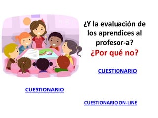 ¿Y la evaluación de
los aprendices al
profesor-a?
¿Por qué no?
CUESTIONARIO
CUESTIONARIO
CUESTIONARIO ON-LINE
 