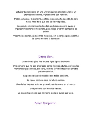 Estudiar bacteriología en una universidad en el exterior, tener un
           promedio excelente, y graduarme con honores.

 Poder complacer a mi mama, en todo lo que ella ha querido, le daré
            hasta más de lo que ella se ha imaginado.

   Conseguir, en mi mayoría de edad, un trabajo que me ayude a
 impulsar mi carrera como autora, para luego crear mi compañía de
                              anime.

Vestirme de la manera que mas me gusta, sin tener que preocuparme
                  de como me vera la sociedad.




                          Deseo Ser…
        Una heroína para mis futuras hijas y para los otaku.

Una persona que no sea amargada como muchos adultos, pero en los
 momentos que se debe, ser seria, estricta y con un toque de amable
                        para no asustar.

          La persona que he deseado ser desde pequeña.

              La mujer perfecta para mi futuro esposo.

  Una de las mejores autoras, y creadoras de anime en el mundo.

                 Una persona con muchos valores.

    La clase de persona que mi mama siempre quiso que fuera.



                      Deseo Compartir…
 