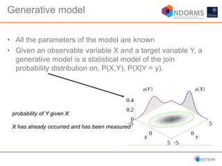 Generative model
• All the parameters of the model are known
• Given an observable variable X and a target variable Y, a
generative model is a statistical model of the join
probability distribution on, P(X,Y), P(X|Y = y).
probability of Y given X
X has already occurred and has been measured
 