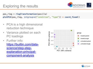 • PCA is a high dimensional
reduction technique
• Variance plotted on each
PC loadings
• Further info:
https://builtin.com/data-
science/step-step-
explanation-principal-
component-analysis
Exploring the results
 