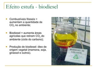 Efeito estufa - biodiesel Combustíveis fósseis = aumentam a quantidade de CO 2  no ambiente; Biodiesel = aumenta áreas agrícolas que retiram CO 2  do ambiente (ciclo do carbono); Produção de biodiesel: óleo de origem vegetal (mamona, soja, girassol e outros). 