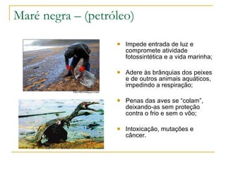 Maré negra – (petróleo) Impede entrada de luz e compromete atividade fotossintética e a vida marinha; Adere às brânquias dos peixes e de outros animais aquáticos, impedindo a respiração; Penas das aves se “colam”, deixando-as sem proteção contra o frio e sem o vôo; Intoxicação, mutações e câncer. 