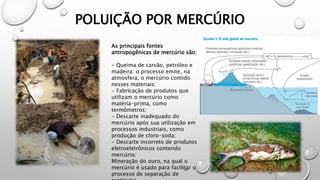 POLUIÇÃO POR MERCÚRIO
As principais fontes
antropogênicas de mercúrio são:
- Queima de carvão, petróleo e
madeira: o processo emite, na
atmosfera, o mercúrio contido
nesses materiais;
- Fabricação de produtos que
utilizam o mercúrio como
matéria-prima, como
termômetros;
- Descarte inadequado do
mercúrio após sua utilização em
processos industriais, como
produção de cloro-soda;
- Descarte incorreto de produtos
eletroeletrônicos contendo
mercúrio;
Mineração do ouro, na qual o
mercúrio é usado para facilitar o
processo de separação de
 