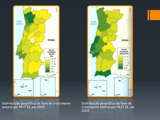 Distribuição geográfica da taxa de crescimento
natural por NUT II, em 2004
Distribuição geográfica da taxa de
crescimento efetivo por NUT II, em
2004
 