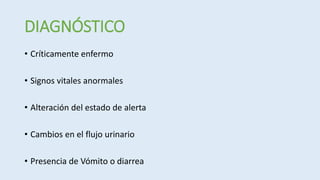 DIAGNÓSTICO
• Críticamente enfermo
• Signos vitales anormales
• Alteración del estado de alerta
• Cambios en el flujo urinario
• Presencia de Vómito o diarrea
 