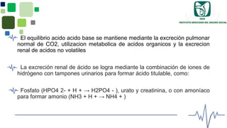 El equilibrio acido acido base se mantiene mediante la excreción pulmonar
normal de CO2, utilizacion metabolica de acidos organicos y la excrecion
renal de acidos no volatiles
La excreción renal de ácido se logra mediante la combinación de iones de
hidrógeno con tampones urinarios para formar ácido titulable, como:
Fosfato (HPO4 2- + H + → H2PO4 - ), urato y creatinina, o con amoníaco
para formar amonio (NH3 + H + → NH4 + )
 