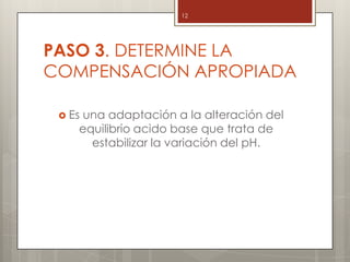 PASO 3. DETERMINE LA
COMPENSACIÓN APROPIADA
 Es una adaptación a la alteración del
equilibrio acido base que trata de
estabilizar la variación del pH.
12
 