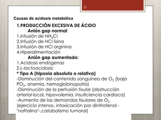 1.PRODUCCIÓN EXCESIVA DE ÁCIDO
Anión gap normal:
1.Infusión de NH4Cl
2.Infusión de HCl lisina
3.Infusión de HCl arginina
4.Hiperalimentación
Anión gap aumentado:
1.Acidosis endógenas
2.L-lactoacidosis:
* Tipo A (hipoxia absoluta o relativa)
-Disminución del contenido sanguíneo de O2 (baja
PO2, anemia, hemoglobinopatía)
-Disminución de la perfusión tisular (obstrucción
arterial local, hipovolemia, insuficiencia cardíaca)
-Aumento de las demandas tisulares de O2
(ejercicio intenso, intoxicación por dinitrofenol -
"naftalina"-,catabolismo tumoral)
25
Causas de acidosis metabólica
 
