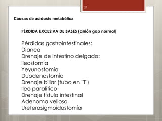 27
Causas de acidosis metabólica
PÉRDIDA EXCESIVA DE BASES (anión gap normal)
Pérdidas gastrointestinales:
Diarrea
Drenaje de intestino delgado:
Ileostomía
Yeyunostomía
Duodenostomía
Drenaje biliar (tubo en "T")
Ileo paralítico
Drenaje fístula intestinal
Adenoma velloso
Ureterosigmoidostomía
 