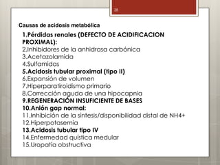 28
Causas de acidosis metabólica
1.Pérdidas renales (DEFECTO DE ACIDIFICACION
PROXIMAL):
2.Inhibidores de la anhidrasa carbónica
3.Acetazolamida
4.Sulfamidas
5.Acidosis tubular proximal (tipo II)
6.Expansión de volumen
7.Hiperparatiroidismo primario
8.Corrección aguda de una hipocapnia
9.REGENERACIÓN INSUFICIENTE DE BASES
10.Anión gap normal:
11.Inhibición de la síntesis/disponibilidad distal de NH4+
12.Hiperpotasemia
13.Acidosis tubular tipo IV
14.Enfermedad quística medular
15.Uropatía obstructiva
 
