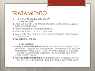 TRATAMIENTO
 1. Detener la producción de H+:
 Lactoacidosis:
 Abrir vía aérea: si es preciso mediante cánula de Mayo o
tubo endotraqueal.
 Ventilación manual o automática.
 Obtener latido cardíaco efectivo.
 Mejorar la PO2 periférica con oxigenoterapia, dobutamina
y dopamina.
 Combatir el shock.
 Cetoacidosis:
 Cetoacidosis diabética: Bolo inicial de insulina rápida de 10
unidades, seguida de perfusión de suero salino con insulina
rápida a un ritmo de 2-10 U/h. Alternativamente, bolos de
10 U. de insulina cada dos horas, controlando glucemia
cada cuatro horas.
 Cetoacidosis alcohólica: Iniciar perfusión de glucosa 5% o
10%, con 10 U. de insulina rápida en cada 500 ml de suero.
35
 