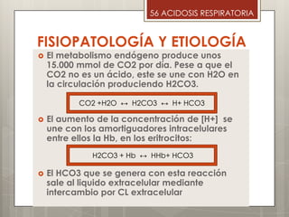 FISIOPATOLOGÍA Y ETIOLOGÍA
 El metabolismo endógeno produce unos
15.000 mmol de CO2 por día. Pese a que el
CO2 no es un ácido, este se une con H2O en
la circulación produciendo H2CO3.
 El aumento de la concentración de [H+] se
une con los amortiguadores intracelulares
entre ellos la Hb, en los eritrocitos:
 El HCO3 que se genera con esta reacción
sale al liquido extracelular mediante
intercambio por CL extracelular
56 ACIDOSIS RESPIRATORIA
CO2 +H2O ↔ H2CO3 ↔ H+ HCO3
H2CO3 + Hb ↔ HHb+ HCO3
 
