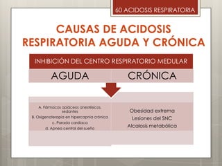CAUSAS DE ACIDOSIS
RESPIRATORIA AGUDA Y CRÓNICA
60 ACIDOSIS RESPIRATORIA
A. Fármacos opiáceos anestésicos,
sedantes
B. Oxigenoterapia en hipercapnia crónica
c. Parada cardiaca
d. Apnea central del sueño
Obesidad extrema
Lesiones del SNC
Alcalosis metabólica
INHIBICIÓN DEL CENTRO RESPIRATORIO MEDULAR
AGUDA CRÓNICA
 