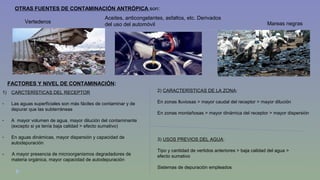 OTRAS FUENTES DE CONTAMINACIÓN ANTRÓPICA son: 
Vertederos 
Aceites, anticongelantes, asfaltos, etc. Derivados 
del uso del automóvil Mareas negras 
FACTORES Y NIVEL DE CONTAMINACIÓN: 
1) CARCTERÌSTICAS DEL RECEPTOR 
- Las aguas superficiales son más fáciles de contaminar y de 
depurar que las subterráneas 
- A mayor volumen de agua, mayor dilución del contaminante 
(excepto si ya tenía baja calidad > efecto sumativo) 
- En aguas dinámicas, mayor dispersión y capacidad de 
autodepuración 
- A mayor presencia de microorganismos degradadores de 
materia orgánica, mayor capacidad de autodepuración 
2) CARACTERÍSTICAS DE LA ZONA: 
En zonas lluviosas > mayor caudal del receptor > mayor dilución 
En zonas montañosas > mayor dinámica del receptor > mayor dispersión 
3) USOS PREVIOS DEL AGUA: 
Tipo y cantidad de vertidos anteriores > baja calidad del agua > 
efecto sumativo 
Sistemas de depuración empleados 
 