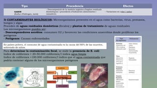 Tipo Procedencia Efectos 
GASOS 
(Sulfur d’hidrogen, metà) 
- Descomposició de la matèria orgànica d’aigües residuals 
domèstiques i procedents d’indústries alimentaries i 
ramaderes 
- Variacions en color i sabor 
3) CONTANMINANTES BIOLÓGICOS: Microorganismos presentes en el agua como bacterias, virus, protozoos, 
hongos y algas 
Proceden de aguas residuales domésticas (fecales) y plantas de tratamiento de aguas residuales 
Los microorganismos puedes ser: 
- Descomponedores aerobios: consumen O2 y favorecen las condiciones anaerobias donde proliferan los 
patógenos 
- Patógenos: Causan enfermedades 
En países pobres, el consumo de agua contaminada es la causa del 80% de las muertes, 
sobretodo de niños. 
Para determinar la contaminación fecal, se mide la presencia de E. coli: 
Indice de coliformes = 20-50.000 coliformes/l indica agua limpia 
Indice de coliformes >100.000 coliformes/l indica que el agua contaminada que 
podría contener alguno de los microorganismos patógenos 
 