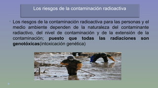 Los riesgos de la contaminación radioactiva 
 Los riesgos de la contaminación radioactiva para las personas y el 
medio ambiente dependen de la naturaleza del contaminante 
radiactivo, del nivel de contaminación y de la extensión de la 
contaminación; puesto que todas las radiaciones son 
genotóxicas(intoxicación genética) 
 