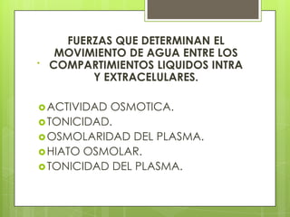 .
FUERZAS QUE DETERMINAN EL
MOVIMIENTO DE AGUA ENTRE LOS
COMPARTIMIENTOS LIQUIDOS INTRA
Y EXTRACELULARES.
ACTIVIDAD OSMOTICA.
TONICIDAD.
OSMOLARIDAD DEL PLASMA.
HIATO OSMOLAR.
TONICIDAD DEL PLASMA.
 