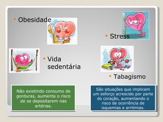 Não existindo consumo de gorduras, aumenta o risco de se depositarem nas artérias. Obesidade Vida sedentária Stress Tabagismo São situações que implicam um esforço acrescido por parte do coração, aumentando o risco de ocorrência de isquemias e arritmias. 
