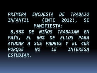 PRIMERA ENCUESTA DE TRABAJO
INFANTIL (ENTI 2012), SE
MANIFIESTA:
8,56% DE NIÑOS TRABAJAN EN
PAÍS, EL 60% DE ELLOS PARA
AYUDAR A SUS PADRES Y EL 40%
PORQUE NO LE INTERESA
ESTUDIAR.
 