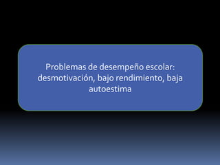 Problemas de desempeño escolar:
desmotivación, bajo rendimiento, baja
autoestima
 