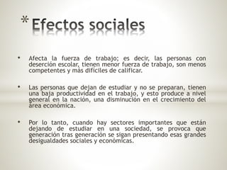 * 
• Afecta la fuerza de trabajo; es decir, las personas con 
deserción escolar, tienen menor fuerza de trabajo, son menos 
competentes y más difíciles de calificar. 
• Las personas que dejan de estudiar y no se preparan, tienen 
una baja productividad en el trabajo, y esto produce a nivel 
general en la nación, una disminución en el crecimiento del 
área económica. 
• Por lo tanto, cuando hay sectores importantes que están 
dejando de estudiar en una sociedad, se provoca que 
generación tras generación se sigan presentando esas grandes 
desigualdades sociales y económicas. 
 