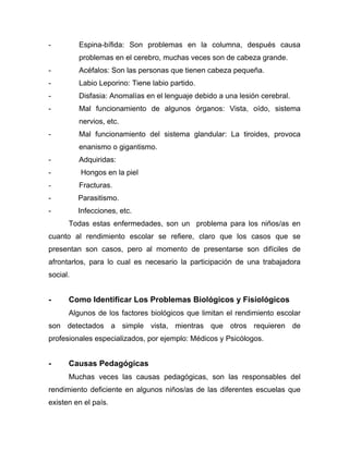 - Espina-bífida: Son problemas en la columna, después causa
problemas en el cerebro, muchas veces son de cabeza grande.
- Acéfalos: Son las personas que tienen cabeza pequeña.
- Labio Leporino: Tiene labio partido.
- Disfasia: Anomalías en el lenguaje debido a una lesión cerebral.
- Mal funcionamiento de algunos órganos: Vista, oído, sistema
nervios, etc.
- Mal funcionamiento del sistema glandular: La tiroides, provoca
enanismo o gigantismo.
- Adquiridas:
- Hongos en la piel
- Fracturas.
- Parasitismo.
- Infecciones, etc.
Todas estas enfermedades, son un problema para los niños/as en
cuanto al rendimiento escolar se refiere, claro que los casos que se
presentan son casos, pero al momento de presentarse son difíciles de
afrontarlos, para lo cual es necesario la participación de una trabajadora
social.
- Como Identificar Los Problemas Biológicos y Fisiológicos
Algunos de los factores biológicos que limitan el rendimiento escolar
son detectados a simple vista, mientras que otros requieren de
profesionales especializados, por ejemplo: Médicos y Psicólogos.
- Causas Pedagógicas
Muchas veces las causas pedagógicas, son las responsables del
rendimiento deficiente en algunos niños/as de las diferentes escuelas que
existen en el país.
 