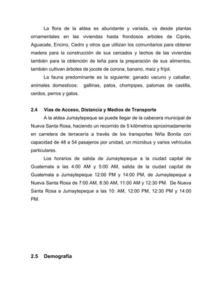 La flora de la aldea es abundante y variada, va desde plantas
ornamentales en las viviendas hasta frondosos arboles de Ciprés,
Aguacate, Encino, Cedro y otros que utilizan los comunitarios para obtener
madera para la construcción de sus cercados y techos de las viviendas
también para la obtención de leña para la preparación de sus alimentos,
también cultivan árboles de jocote de corona, banano, maíz y fríjol.
La fauna predominante es la siguiente: ganado vacuno y caballar,
animales domesticos: gallinas, patos, chompipes, palomas de castilla,
cerdos, perros y gatos.
2.4 Vias de Acceso, Distancia y Medios de Transporte
A la aldea Jumaytepeque se puede llegar de la cabecera municipal de
Nueva Santa Rosa, haciendo un recorrido de 5 kilómetros aproximadamente
en carretera de terracería a través de los transportes Niña Bonita con
capacidad de 48 a 54 pasajeros por unidad, un microbus y varios vehículos
particulares.
Los horarios de salida de Jumaytepeque a la ciudad capital de
Guatemala a las 4:00 AM y 5:00 AM, salida de la ciudad capítal de
Guatemala a Jumaytepeque 12:00 PM y 14:00 PM, de Jumaytepeque a
Nueva Santa Rosa de 7:00 AM, 8:30 AM, 11:00 AM y 12:30 PM. De Nueva
Santa Rosa a Jumaytepeque a las 10: AM, 12:00 PM, 12:30 PM y 14:00
PM.
2.5 Demografía
 