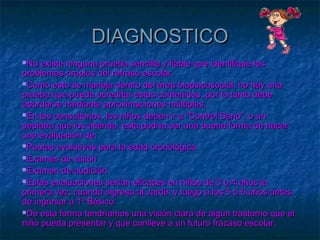 DIAGNOSTICODIAGNOSTICO
No existe ninguna prueba sencilla y fiable que identifique losNo existe ninguna prueba sencilla y fiable que identifique los
problemas propios del retraso escolar.problemas propios del retraso escolar.
Como esto se maneja dentro del área biopsicosocial, no hay unaComo esto se maneja dentro del área biopsicosocial, no hay una
prueba que pueda acreditar estos contenidos, por lo tanto debeprueba que pueda acreditar estos contenidos, por lo tanto debe
abordarse mediante aproximaciones múltiples,abordarse mediante aproximaciones múltiples,
En los consultorios, los niños deben ir a “Control Sano”, o unEn los consultorios, los niños deben ir a “Control Sano”, o un
pediatra que los atienda, esta podría ser una buena forma de hacerpediatra que los atienda, esta podría ser una buena forma de hacer
una evaluación de:una evaluación de:
Pautas evolutivas para la edad cronológicaPautas evolutivas para la edad cronológica
Examen de visiónExamen de visión
Examen de audiciónExamen de audición
Estas evaluaciones serían eficaces en niños de 3 o 4 años laEstas evaluaciones serían eficaces en niños de 3 o 4 años la
primera vez, cuando ingresa al Jardín y luego a los 5 o 6 años antesprimera vez, cuando ingresa al Jardín y luego a los 5 o 6 años antes
de ingresar a 1º Básico.de ingresar a 1º Básico.
De esta forma tendríamos una visión clara de algún trastorno que elDe esta forma tendríamos una visión clara de algún trastorno que el
niño pueda presentar y que conlleve a un futuro fracaso escolar.niño pueda presentar y que conlleve a un futuro fracaso escolar.
 
