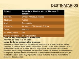 DESTINATARIOS
Plantel:              Secundaria Técnica No. 10 “Macario G.
                      Barbosa”
Director.             Enrique Amezcua Alcaraz
Régimen               Publica
Nivel                 Secundaria
Ubicación:            Av. México 781 Madrid, Colima
Turno:                Matutino
No. De Alumnos.       169
Plantilla Personal 29 Trabajadores
Características de la población Objetivo:
Alumnos de entre 11 a 17 años.
Lugar de donde proceden los alumnos:
la comunidad donde se encuentra la escuela es agrícola y la mayoría de los padres
trabaja en el corte de limón, papaya, guanábana, por lo que nos indica de igual manera
advertencias de que los alumnos pasan la mayor parte del día solos, en donde los
padres no llevan un seguimiento de las conductas o fallas del alumno, así como también
no se puede dejar de lado los alumnos que se encuentran viviendo con los abuelos, lo
cual también es un factor muy importante, ya que el alumno de cierta manera tiene el
abandono de sus padres.
 