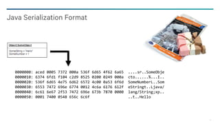 10
Java Serialization Format
0000000: aced 0005 7372 000a 536f 6d65 4f62 6a65 ....sr..SomeObje
0000010: 6374 6fd1 f104 c2d9 8525 0200 0249 000a cto......%...I..
0000020: 536f 6d65 4e75 6d62 6572 4c00 0a53 6f6d SomeNumberL..Som
0000030: 6553 7472 696e 6774 0012 4c6a 6176 612f eStringt..Ljava/
0000040: 6c61 6e67 2f53 7472 696e 673b 7870 0000 lang/String;xp..
0000050: 0001 7400 0548 656c 6c6f ..t..Hello
 