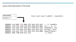 12
Java Serialization Format
final static byte TC_OBJECT = (byte)0x73;
0000000: aced 0005 7372 000a 536f 6d65 4f62 6a65 ....sr..SomeObje
0000010: 6374 6fd1 f104 c2d9 8525 0200 0249 000a cto......%...I..
0000020: 536f 6d65 4e75 6d62 6572 4c00 0a53 6f6d SomeNumberL..Som
0000030: 6553 7472 696e 6774 0012 4c6a 6176 612f eStringt..Ljava/
0000040: 6c61 6e67 2f53 7472 696e 673b 7870 0000 lang/String;xp..
0000050: 0001 7400 0548 656c 6c6f ..t..Hello
 