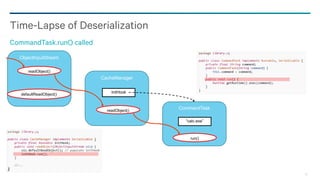 30
Time-Lapse of Deserialization
CommandTask.run() called
CacheManager
ObjectInputStream
readObject()
readObject()
defaultReadObject()
CommandTask
run()
 