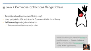 33
Target java.lang.Runtime.exec(String cmd)
Uses gadgets in JDK and Apache Commons-Collections library
Self-executing during deserialization
− Executes before object returned to caller
A Java + Commons-Collections Gadget Chain
Similar POP techniques previously applied to
Java Serialization by Wouter Coekaerts
(@WouterCoekaerts) and implemented by
Alvaro Muñoz (@pwntester)
 
