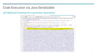 38
Code Execution via Java Serializable
JSF (MyFaces) ViewState form parameters deserialized
 
