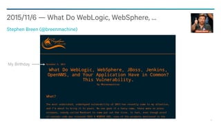 67
2015/11/6 — What Do WebLogic, WebSphere, …
Stephen Breen (@breenmachine)
My Birthday
 