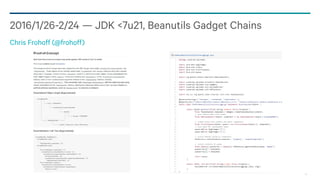 74
2016/1/26-2/24 — JDK <7u21, Beanutils Gadget Chains
Chris Frohoff (@frohoff)
 