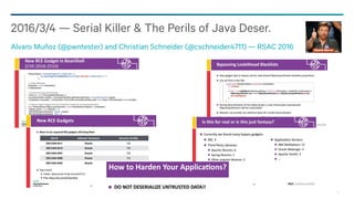77
2016/3/4 — Serial Killer & The Perils of Java Deser.
Alvaro Muñoz (@pwntester) and Christian Schneider (@cschneider4711) — RSAC 2016
 