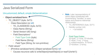 8
Java Serialized Form
Uncustomized, default, simple (de)serialization
Object serialized form:
− TC_OBJECT (byte, 0x73)
− Class Description (or ref)
− TC_CLASSDESC (byte, 0x72)
− Class Name (String)
− Serial Version UID (long)
− Field Descriptions*
− Field Type Code (byte)
− Field Name (String)
− Field Type (String, for non-primitive)
− Field values*
− [Primitive serialized form] | [Object serialized form] | ref
− Causes recursive calls to writeObject()/readObject() or read*()/write*()
• Refs: Later representations of
same object substituted with
incrementing “handles” to save
space and preserve referential
relationships
• TC_REFERENCE (byte, 0x71)
• Handle number (int)
• > 0x7e0000
• Field Type Codes:
'B'=byte, 'C'=char, 'D'=double,
'F'=float, 'I'=int, 'J'=long,
'L'=class/interface, 'S'=short,
'Z'=boolean, '['=array,
 