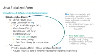 8
Java Serialized Form
Uncustomized, default, simple (de)serialization
Object serialized form:
− TC_OBJECT (byte, 0x73)
− ...