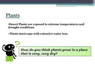 Plants
 •Desert Plants are exposed to extreme temperatures and
 drought conditions.

 • Plants must cope with extensive water loss.




          How do you think plants grow in a place
          that is very, very dry?
 