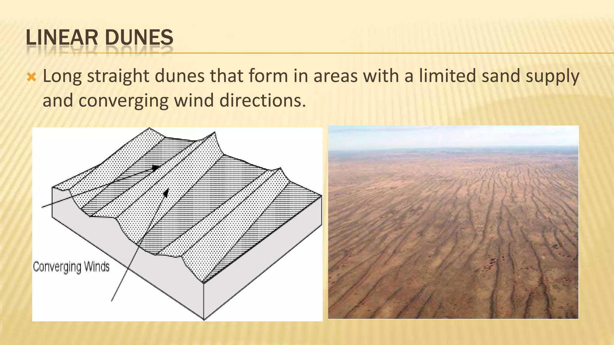 LINEAR DUNES


Long straight dunes that form in areas with a limited sand supply
and converging wind directions.

 