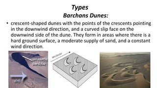Types
Barchans Dunes:
• crescent-shaped dunes with the points of the crescents pointing
in the downwind direction, and a curved slip face on the
downwind side of the dune. They form in areas where there is a
hard ground surface, a moderate supply of sand, and a constant
wind direction.

 