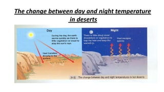 The change between day and night temperature
in deserts

 