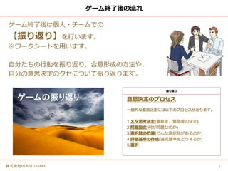 7株式会社HEART QUAKE
ゲームの学び
学びのポイント
このゲームを体験することによる学び
1.「合意形成」の行い方
2.「協調的な問題解決」の重要性
3.自分の「意思決定のクセ」
 