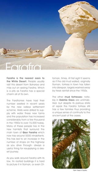 Farafra
Farafra is the nearest oasis to        toman, times. At first sight it seems
the White Desert. People usually       as if the old mud walled, originally
visit this desert from Bahariya and    Roman, fortress in town has fallen
miss out on seeing Farafra. Which      into disrepair, largely washed away
is a pity as Farafra has a special     by freak rainfall since the 1950s.
charm all of its own.
                                       The other mud fortresses- nota-
The Farafronies have had their         bly in Dakhla Oasis are uninhab-
number swelled in recent years         ited- but despite its parlous state
by the new valleys settlement          of repair the Farafra fortress still
scheme. Wells were drilled to sup-     has a few families thus providing
ply with water these new farms         a unique sense of continuity to the
and the population has increased       ancient past of the oases.
considerably from a few thousand
in the 1980s to over 15,000 today.
Many of these people live in the
new hamlets that surround the
main town of Qasr Farafra which
now has around 5000 inhabitants.
This has led to an increase in the
number of shops on the highway
as you drive through- always a
useful thing for resupplying a des-
ert journey.

As you walk around Farafra with its
low, tin roofed buildings it is hard
to picture it in Roman, or even Ot-

                                                           Palm Trees in Farafra
 