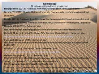 References:
References:
All pictures retrieved from google.com
BioExpedition. (2013). Retrieved from http://bioexpedition.com/desert-biome/
Borade, G. (2013). Buzzle. Retrieved from http://www.buzzle.com/articles/desert-food
chain.html
Buzzle. (2013). Retrieved from http://www.buzzle.com/articles/desert-animals-list.html
Desert Biomes. (2000). Retrieved from http://www.worldbiomes.com/biomes_desert.htm
Deserts. (1996-2013). Retrieved from
http://environment.nationalgeographic.com/environment/habitats/desert-profile/
Dimmitt, M. A. (n.d.). Plant Ecology of the Sonoran Desert Region. Retrieved from
http://www.desertmuseum.org/books/nhsd_plant_ecology.php?print=y
Food Web Concept. (2013). Retrieved from
http://www.nature.com/scitable/knowledge/library/food-web-concept-and-applications-
84077181
McDade, D. (n.d.). The Namib Desert. Retrieved from
http://comeseethenamib.weebly.com/human-impact.html
National Geographic. (2013). Retrieved from
http://environment.nationalgeographic.com/environment/photos/antarctica-landscapes/
Sharp, J. W. (1996-2013). DesertUSA. Retrieved from
http://www.desertusa.com/mag05/mar/food2.html
TutorVista. (2010). Retrieved from http://www.tutorvista.com/biology/desert-decomposers
Viau, E. A. (1999). World-builders: Hot Desert Food Chain. Retrieved from http://www.world
 