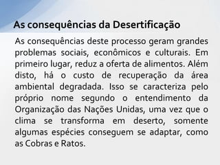As consequências deste processo geram grandes
problemas sociais, econômicos e culturais. Em
primeiro lugar, reduz a oferta de alimentos. Além
disto, há o custo de recuperação da área
ambiental degradada. Isso se caracteriza pelo
próprio nome segundo o entendimento da
Organização das Nações Unidas, uma vez que o
clima se transforma em deserto, somente
algumas espécies conseguem se adaptar, como
as Cobras e Ratos.
As consequências da Desertificação
 